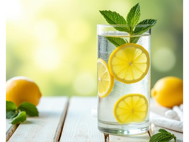 Bicchiere d'acqua con fette di limone e foglie di menta, su un tavolo di legno.