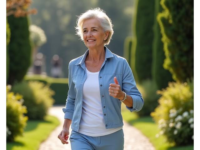 Persona anziana sorridente che cammina a passo svelto in un parco.