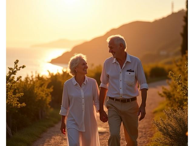 Coppia anziana felice che passeggia mano nella mano al tramonto.