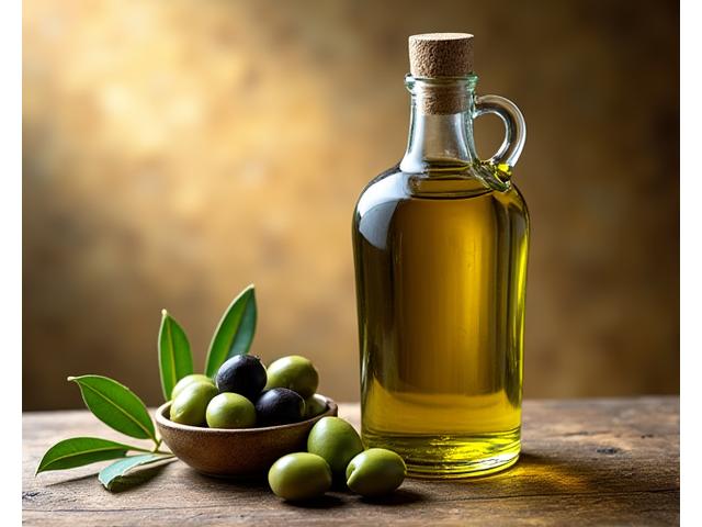 Bottiglia di olio d'oliva extra vergine e olive fresche, simboleggiando la dieta mediterranea.