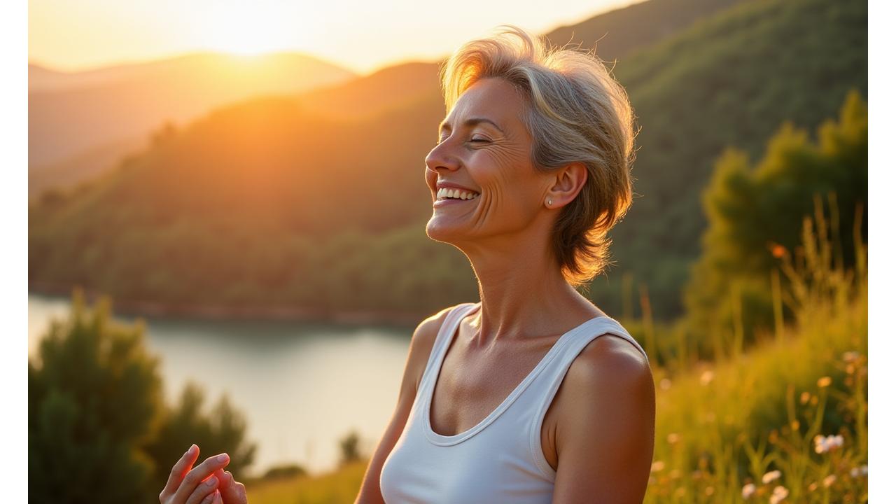 Donna sorridente che pratica yoga all'aperto, il sole le illumina il viso, simbolo di benessere quotidiano.