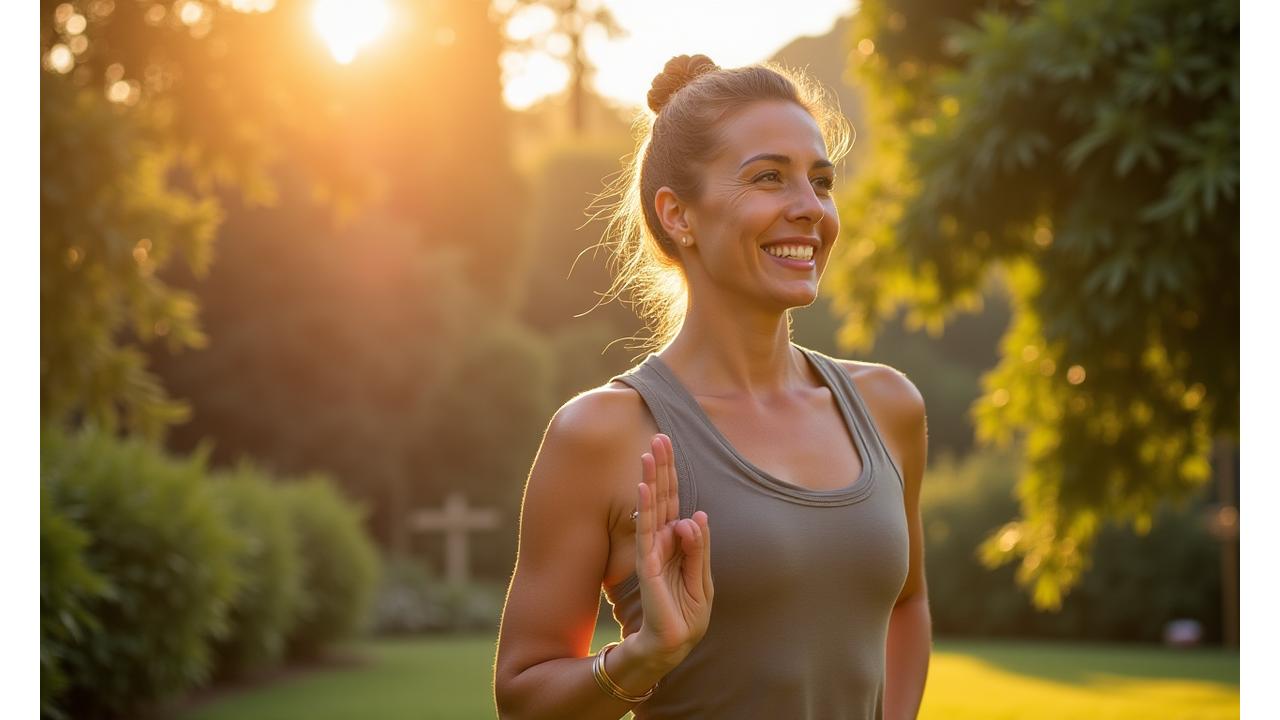 Donna sorridente che pratica yoga all'aperto, simbolo di benessere e vitalità oltre i 35 anni.