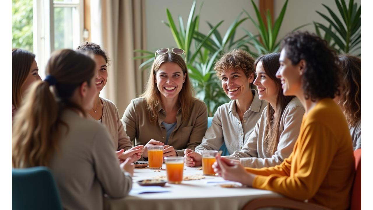 Un gruppo diversificato di persone adulte che condividono una risata durante un workshop di benessere, simbolo della comunità e del supporto reciproco.