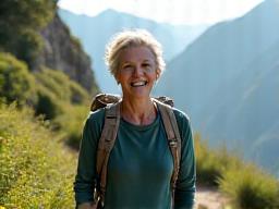 Donna felice di 50 anni che fa escursioni in montagna, simboleggiando la vitalità durante la menopausa.