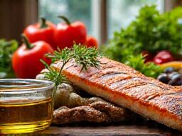 Tavola imbandita con colorati ingredienti freschi di dieta mediterranea, olio d'oliva, verdure, pesce.