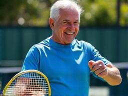 Uomo sorridente di 55 anni che gioca a tennis, simboleggiando longevità e prevenzione del benessere.