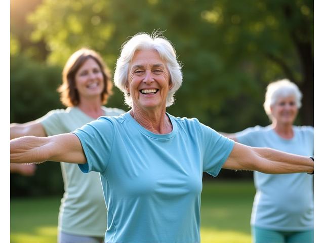 Gruppo di donne mature che ridono mentre fanno esercizi di stretching leggero in un parco soleggiato.