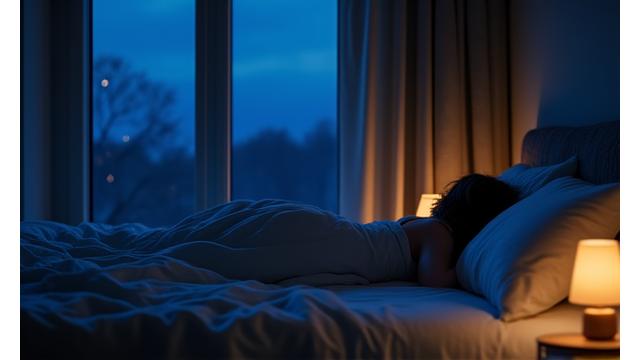 Cielo stellato e una figura calma che giace in posizione di riposo, simboleggiando la preparazione al sonno.