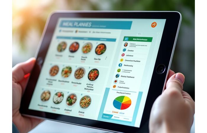 Schermata di un'interfaccia utente pulita e moderna di uno strumento per la pianificazione dei pasti, che mostra un calendario settimanale con una varietà di ricette mediterranee, liste della spesa automatiche e un grafico di tracciamento dei macronutrienti. Predominano blu scuro, verde e giallo arancio chiaro.