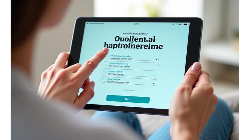 Interfaccia utente di un questionario online con campi selezionati e un pulsante di invio, che simboleggia un processo di valutazione del benessere facile e interattivo.