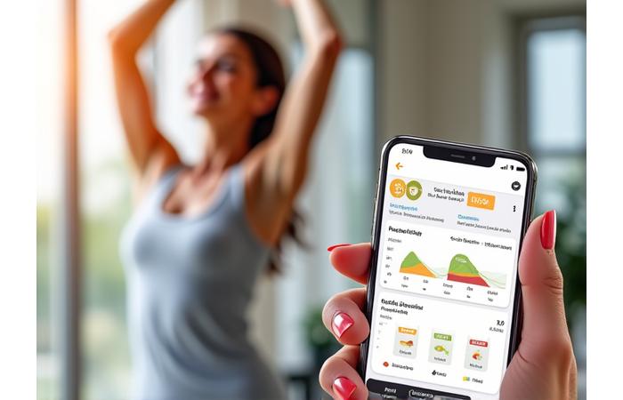 Interfaccia di un'applicazione mobile che mostra un piano di benessere personalizzato con grafici di progresso e dati biometrici, affiancata da una donna sorridente di 40-50 anni che fa stretching in un ambiente luminoso.