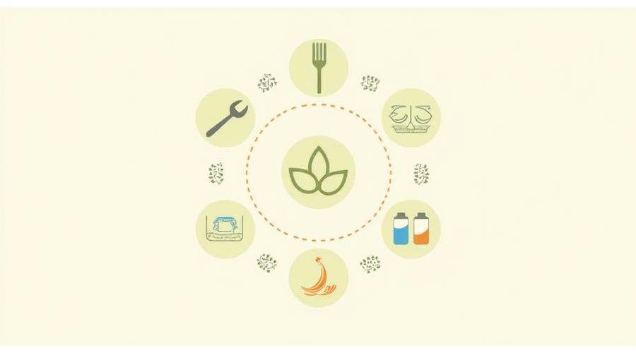 Diverse icone stilizzate che rappresentano nutrizione, esercizio, mindfulness, sonno e integrazione, disposte armoniosamente con elementi naturali sullo sfondo.