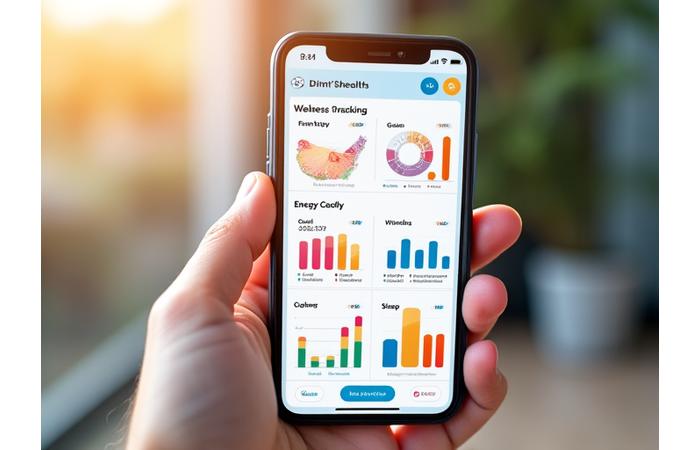 Schermate di un'app mobile che mostrano una dashboard di monitoraggio del benessere con grafici di progresso, icone per il sonno, l'attività fisica e la nutrizione, e un'interfaccia pulita e moderna.