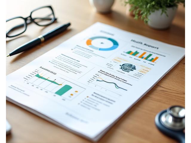 Un report di salute dettagliato e personalizzato aperto su una scrivania, con grafici e dati leggibili, simbolo di un assessment medico completo.
