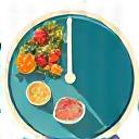 Orologio stilizzato con un piatto di cibo sano e una brocca d'acqua, che simboleggia il digiuno intermittente e la nutrizione consapevole.