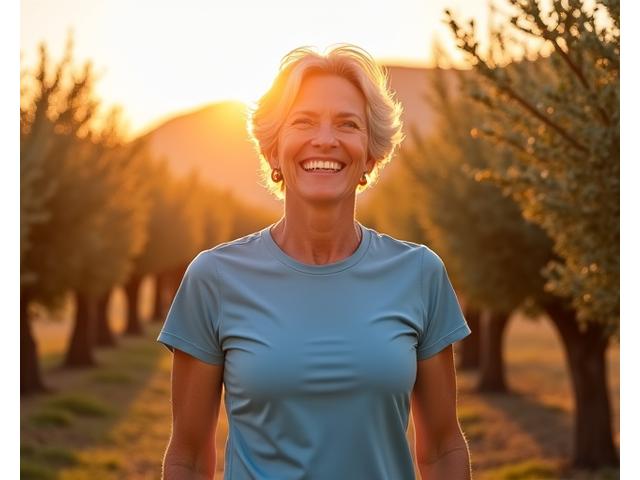 Donna italiana sorridente e attiva all'aperto, simbolo di vitalità e longevità mediterranea.