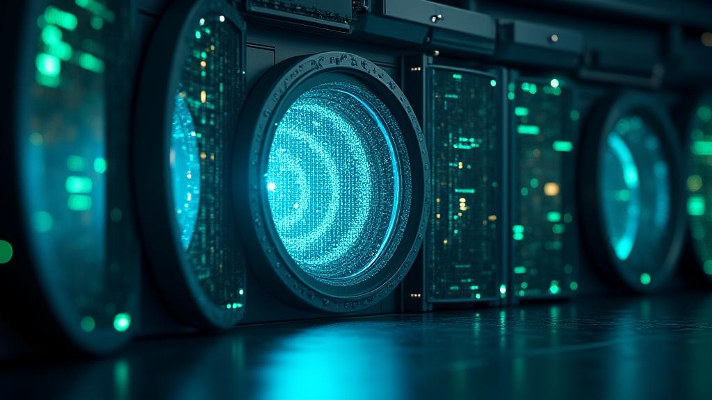 Rappresentazione di un caveau digitale sicuro con elementi luminosi che simboleggiano la crittografia e la protezione dei dati, in un ambiente futuristico e affidabile.