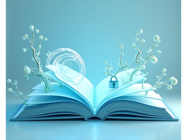 Simboli di copyright e un lucchetto su un libro aperto con vegetazione, a rappresentare la protezione della conoscenza e dei contenuti.