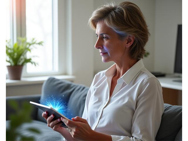 Donna che naviga con tablet, simbolo di accesso sicuro e responsabile ai servizi digitali