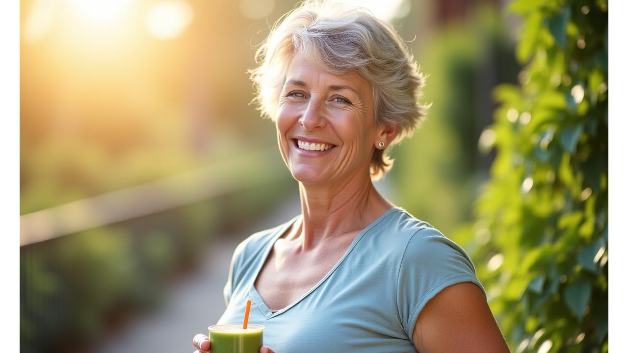 Donna sorridente che riflette su uno stile di vita rinnovato, con elementi di natura e benessere