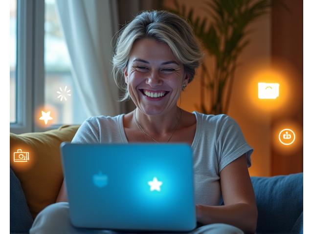 Donna sorridente che usa un laptop, circondata da icone di benessere